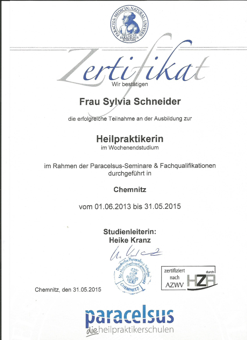Zertifikat Heilpraktiker Zertifikat Heilpraktikerin Sylvia Schneider