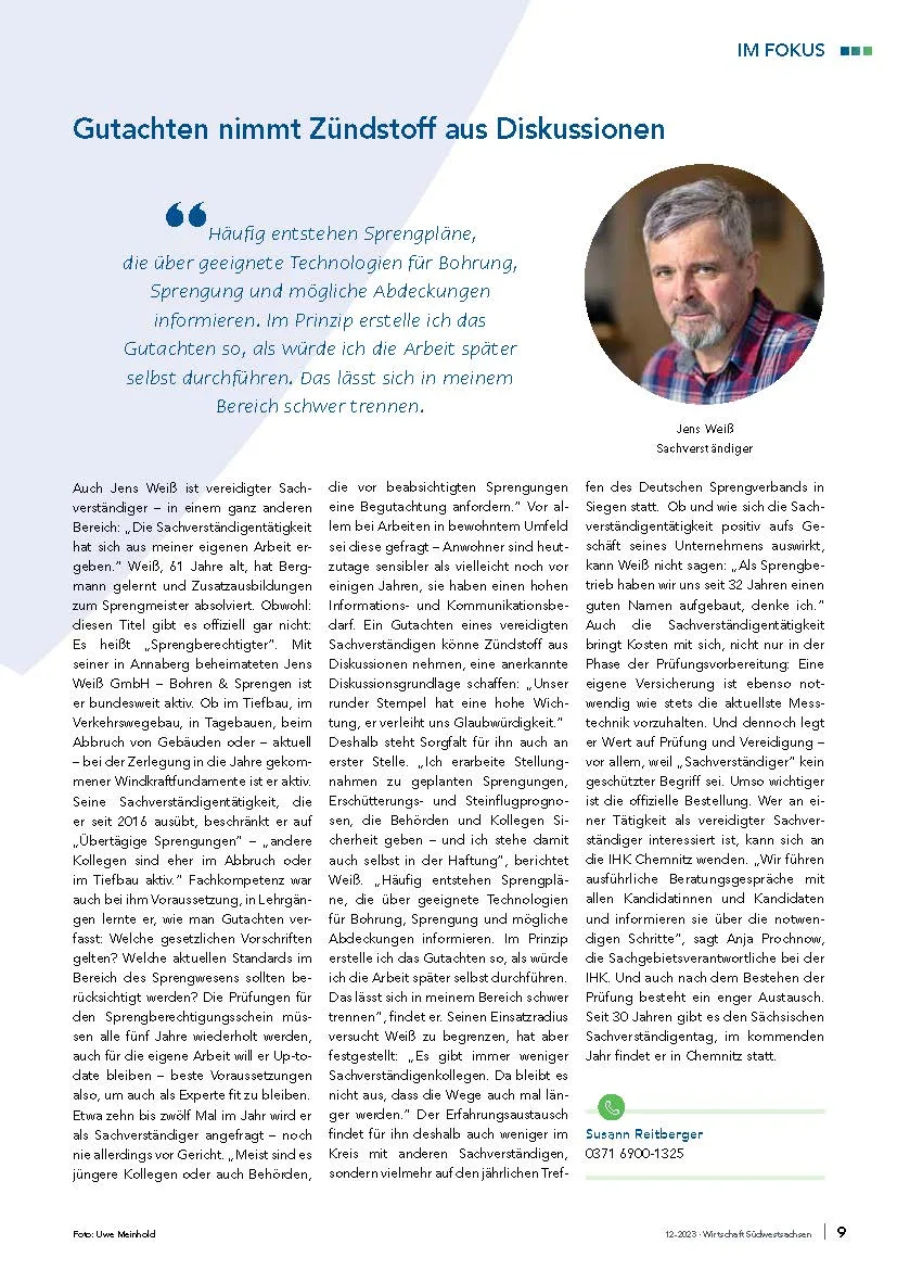 Jens-Weiss-IHK-Bericht IHK Chemnitz Zeitungsbericht Wirtschaft Südwestsachsen 12/2023 Jens Weiß Bohren und Sprengen
